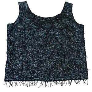 VTG‎ Wool Sz S Women Beaded Tank Top Sequin Shell  Black Fringe Trim Vintage 60s